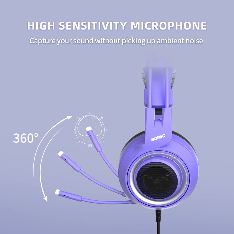 SOMIC G951S Purple Stereo Gaming Headset with Mic for PS4, PS5, Xbox One, PC, Phone, Detachable Cat Ear 3.5MM Noise Reduction Headphones Computer Gaming Headphone Self-Adjusting Gamer Headsets - Image 3